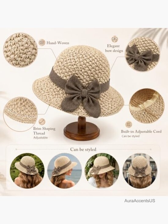 Wide Brim Straw Bucket Hat with Adjustable Drawstring & Bow, Foldable Sun Hat main image 6
